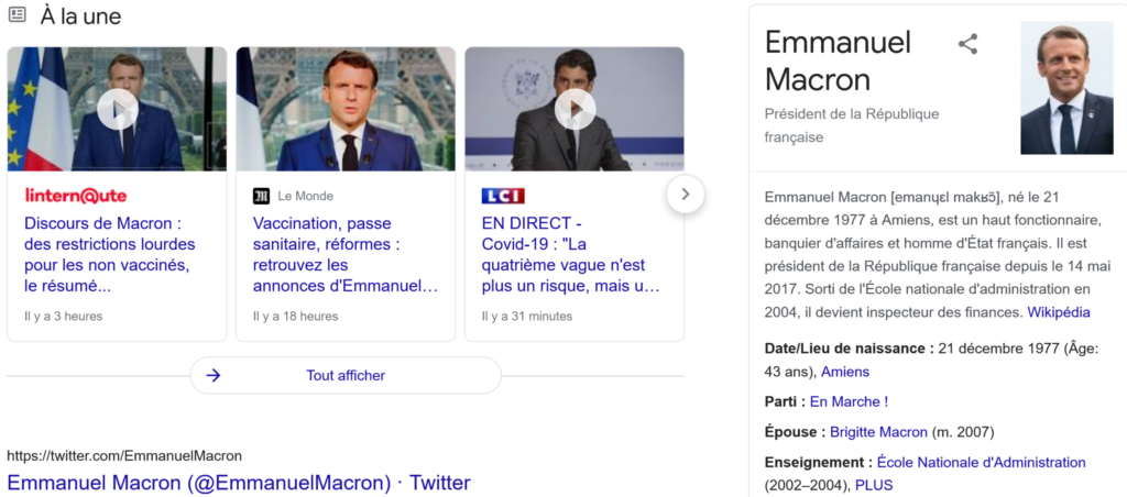 Exemple de l'e-réputation d'Emannuel Macron. 